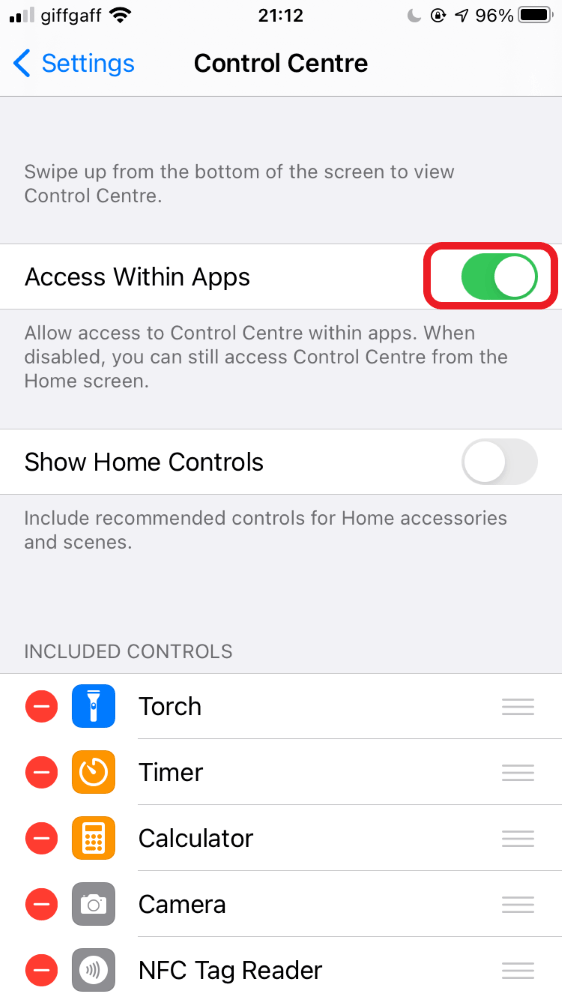 iPhone control centre screen, highlighting the Access Within Apps toggle