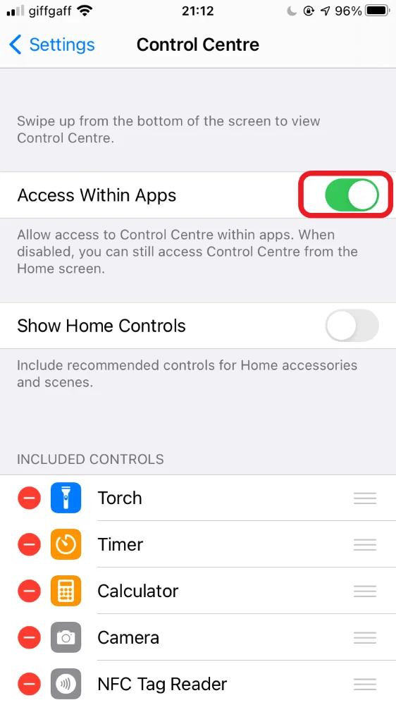 iPhone control centre screen, highlighting the Access Within Apps toggle