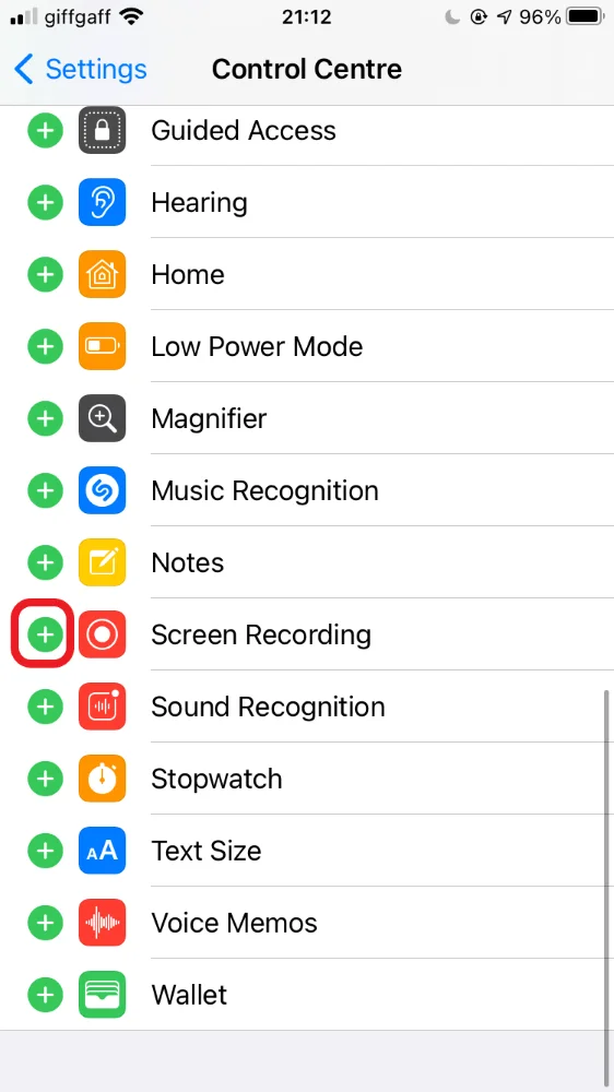 iPhone control centre screen, highlighting the add screen recording + button