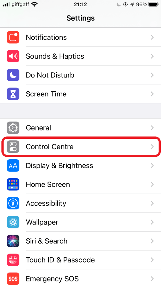iPhone control centre screen, highlighting control centre button in settings