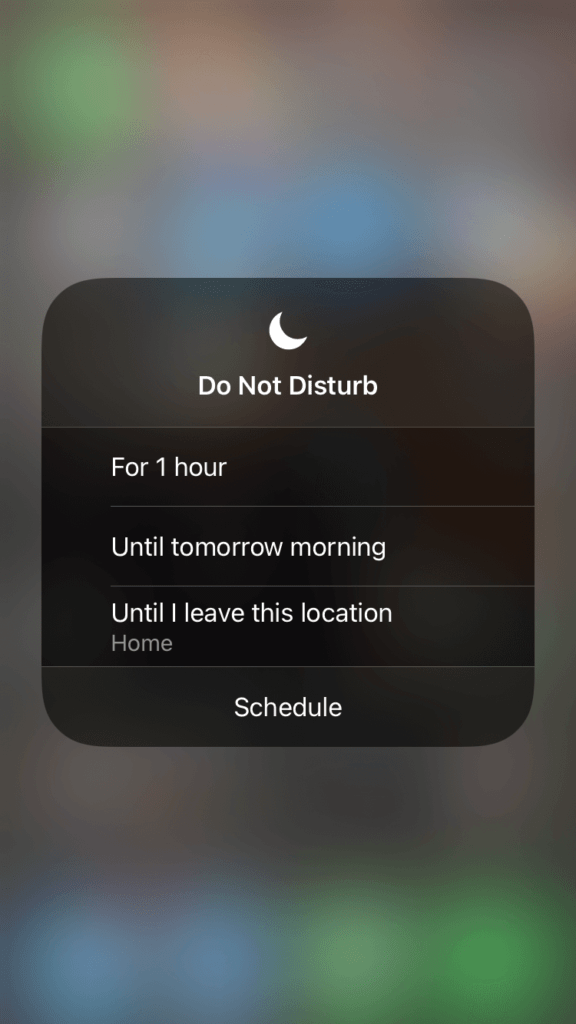 iPhone control centre screen, showing the Do Not Disturb options you can select