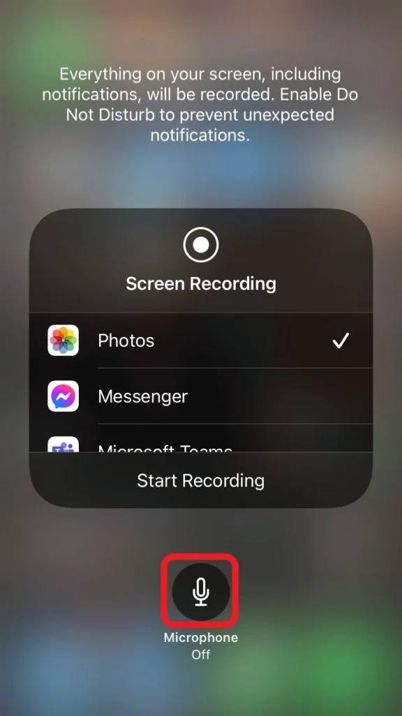 iPhone control centre screen, highlighting the Microphone button in the Screen Recording feature