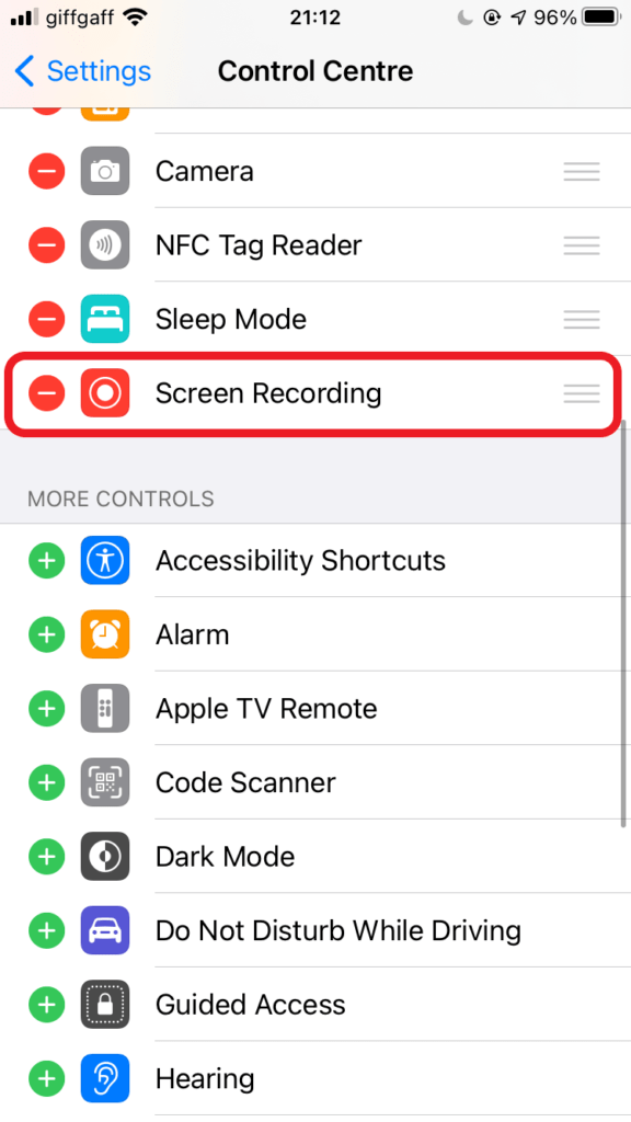 What appears when you successfully add Screen recording to your included Control Centre apps