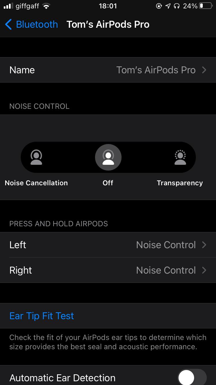 AirPods Pro settings on an Apple phone
