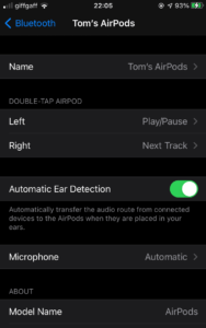 AirPods setting window on an Apple phone