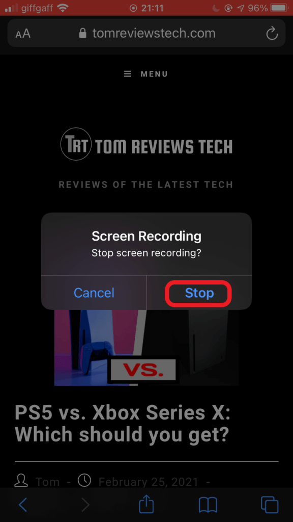 Button to stop a Screen Recording