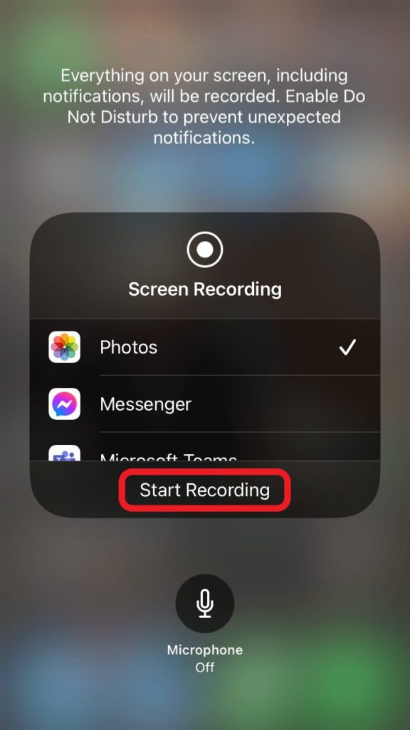 iPhone control centre screen, highlighting the Start Recording button in the Screen Recording feature