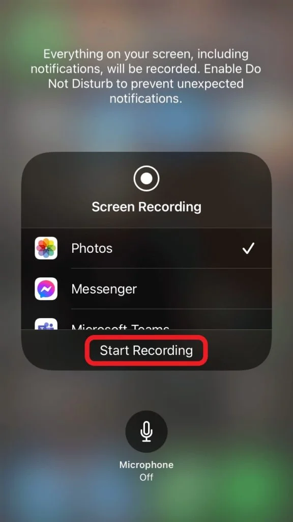 iPhone control centre screen, highlighting the Start Recording button in the Screen Recording feature