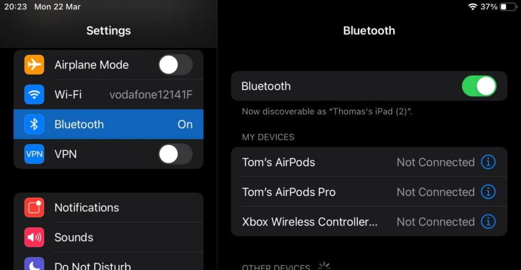 IOS Bluetooth settings