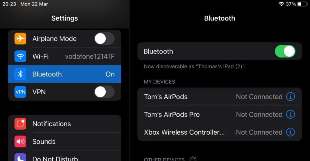IOS Bluetooth settings