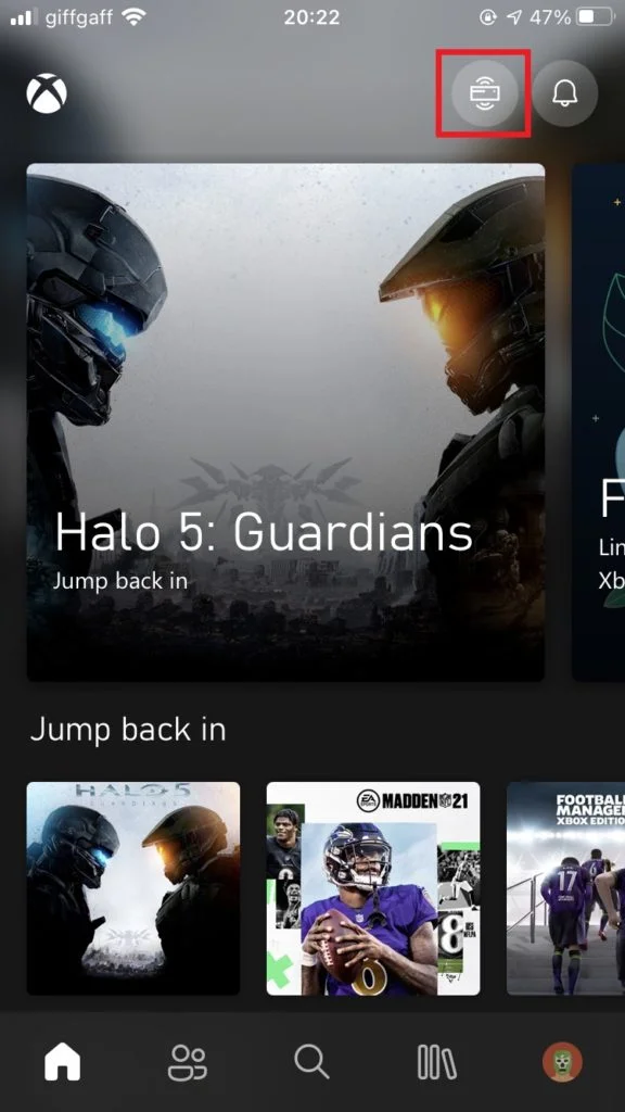 Access console button on the Xbox app