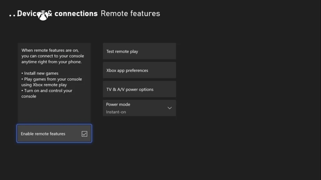 Enable remote features checkbox in settings menu on Xbox Series X