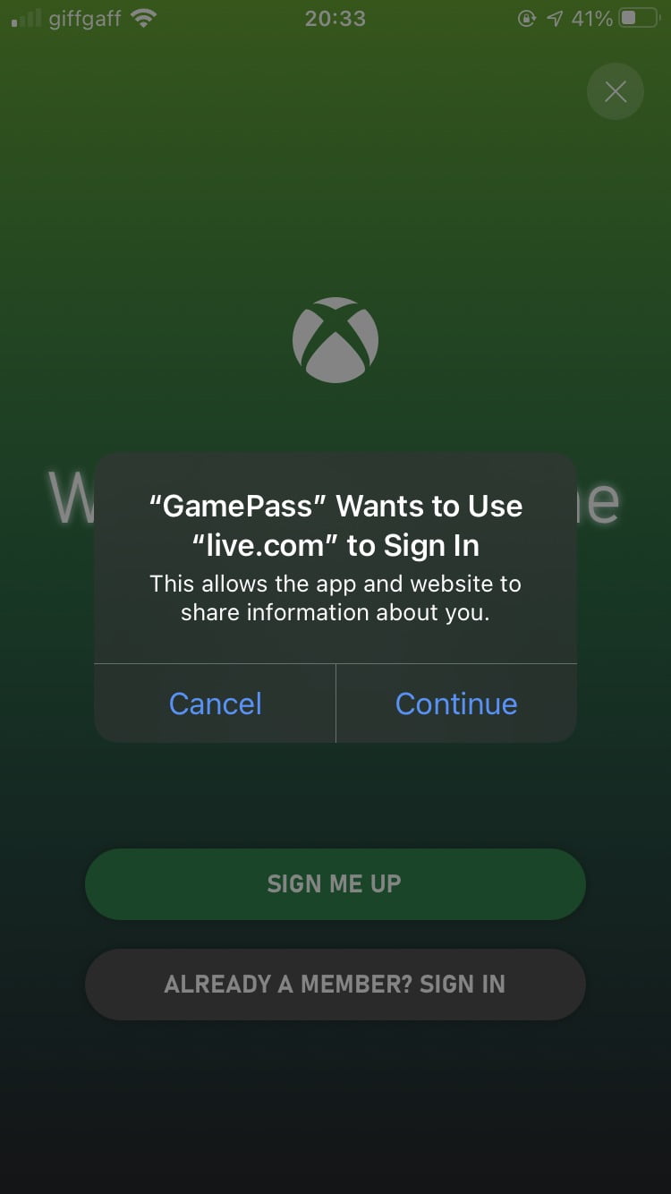 Live account sign in pop up on Xbox Game Pass app