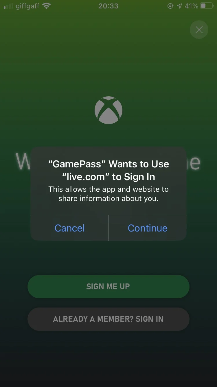 Live account sign in pop up on Xbox Game Pass app