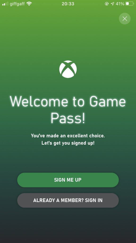 Xbox Game Pass app sign up page