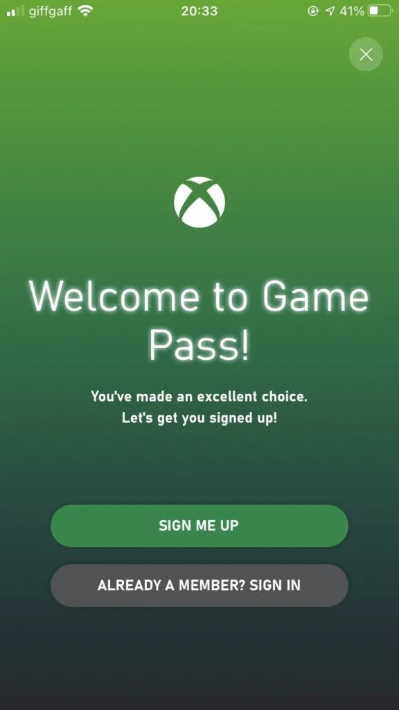 Xbox Game Pass app sign up page