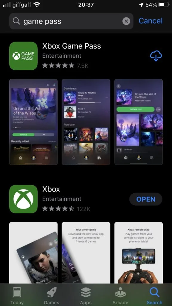 Xbox Game Pass app in IOS app store