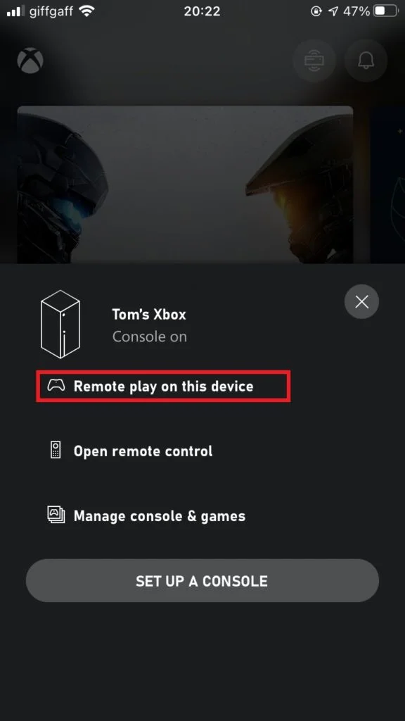 Remote play on device option in Xbox app