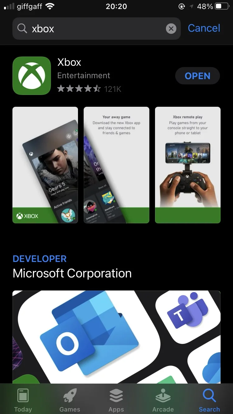 Xbox app in IOS app store