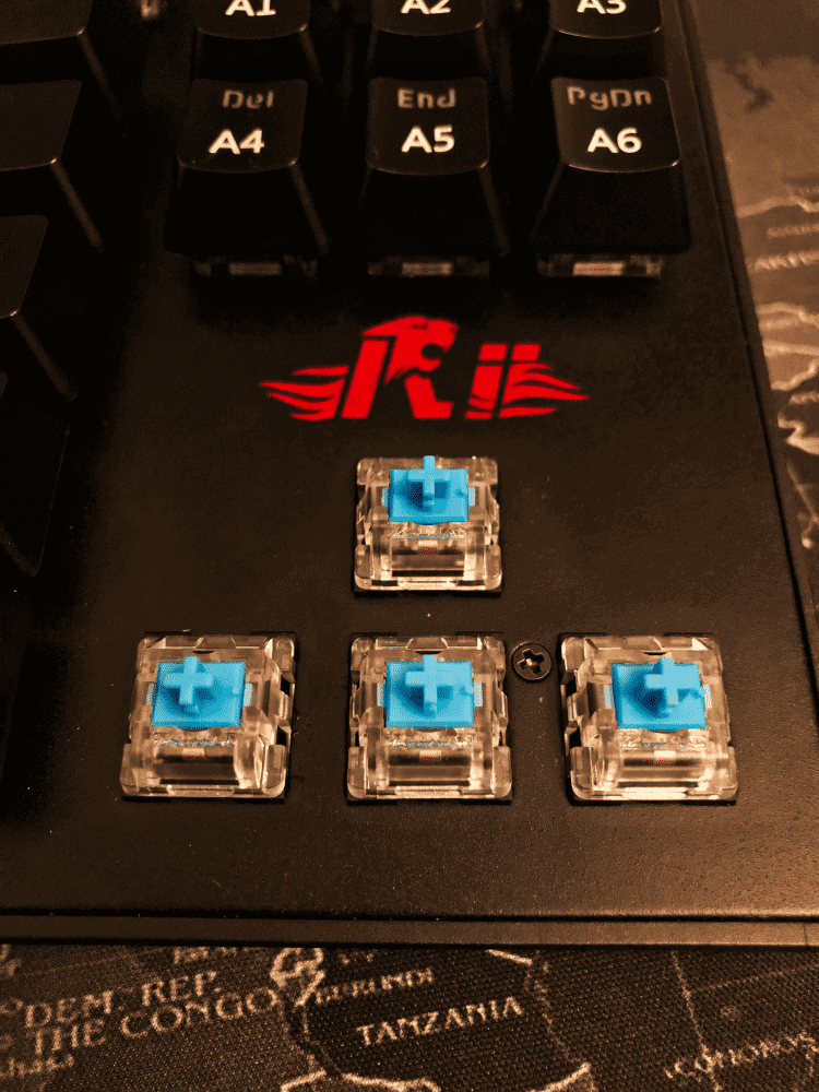 Rii RK908 keyboard with blue switches exposed