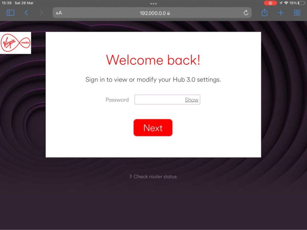 Initial screen to access Virgin Media router settings