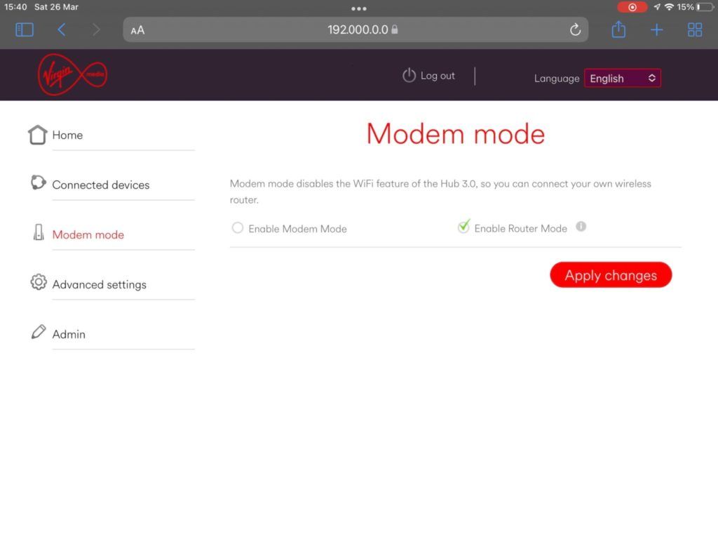 Modem mode on the Virgin Media hub