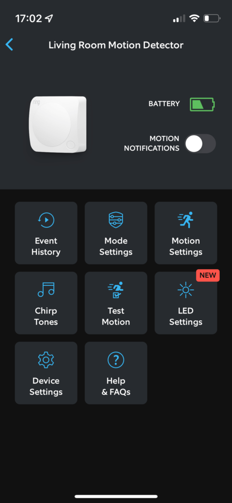 Ring Alarm Motion Sensor Settings in app