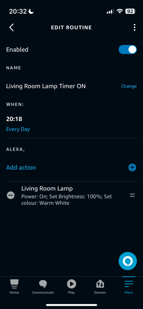 Example of an Alexa routine configured in the app